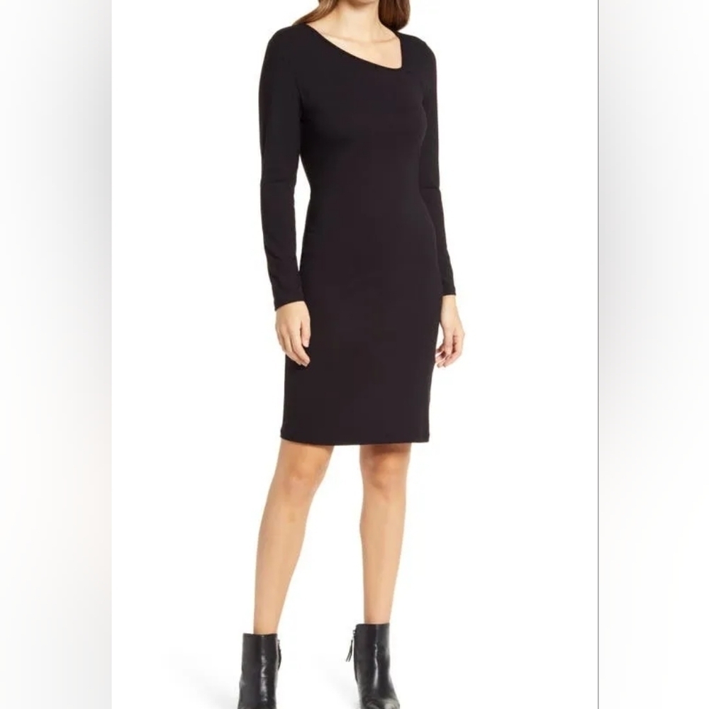Fraiche by J Knit Asymmetrical Neck Long Sleeve Stretch Dress Small Women Black